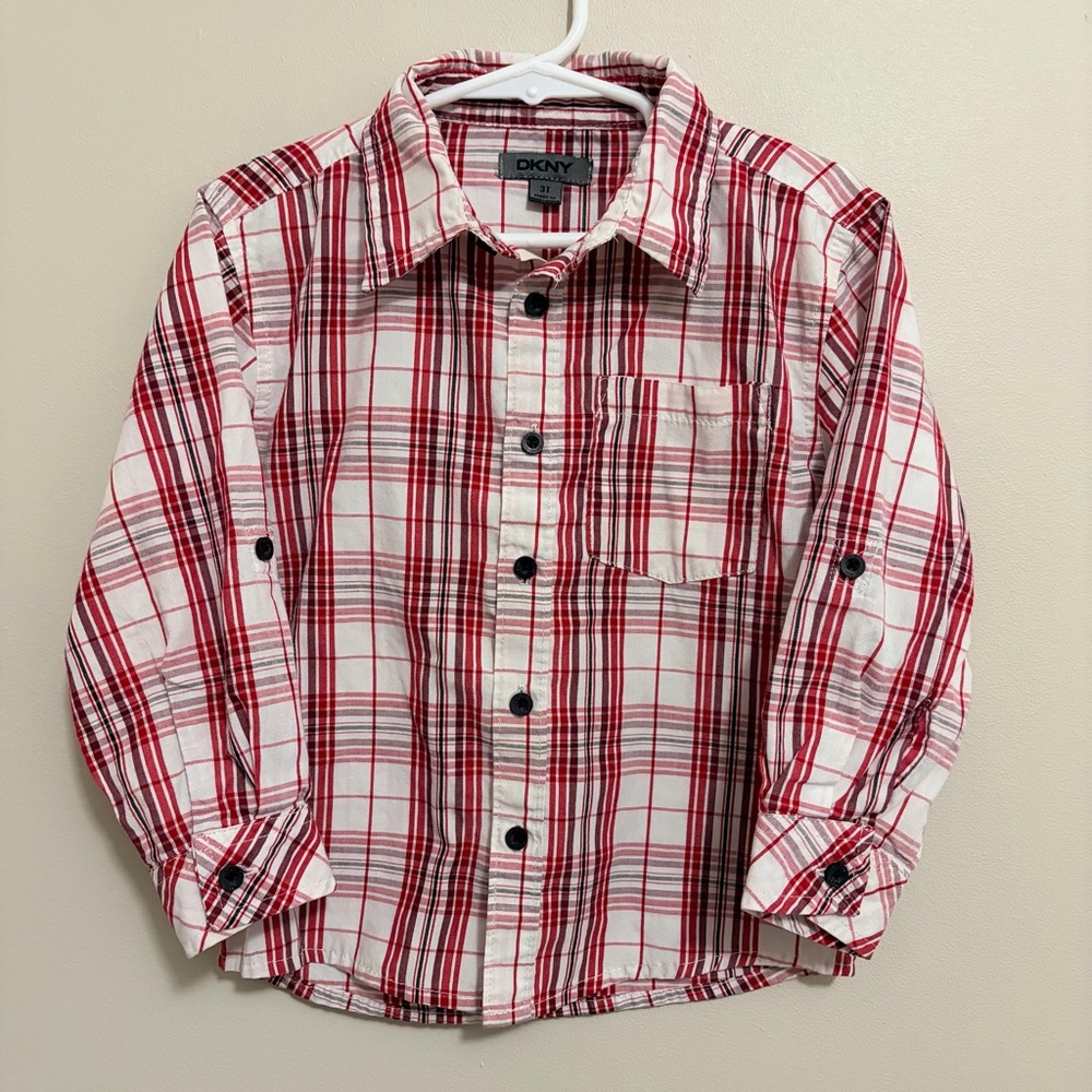 Y2K DKNY Kids Red and White Plaid Button Down Long Sleeve Shirt Boys 3T Like New